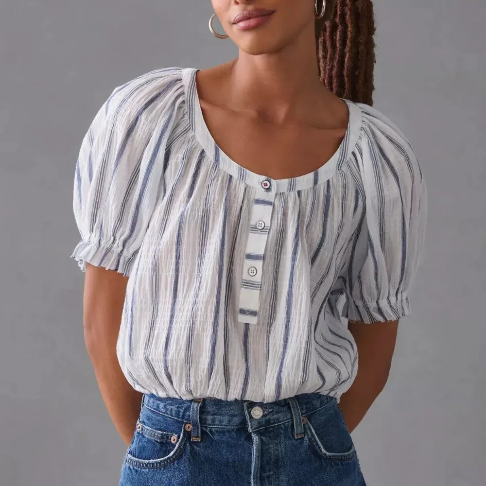Anthropologie Pilcro Puff-Sleeve Blouse White + Blue Stripe L